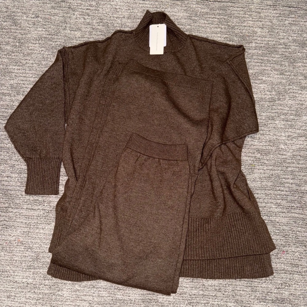 cOMMENSE Oversized Knit Two Piece Set Turtleneck Wide Leg Pants Brown Loungewear - Picture 6 of 12